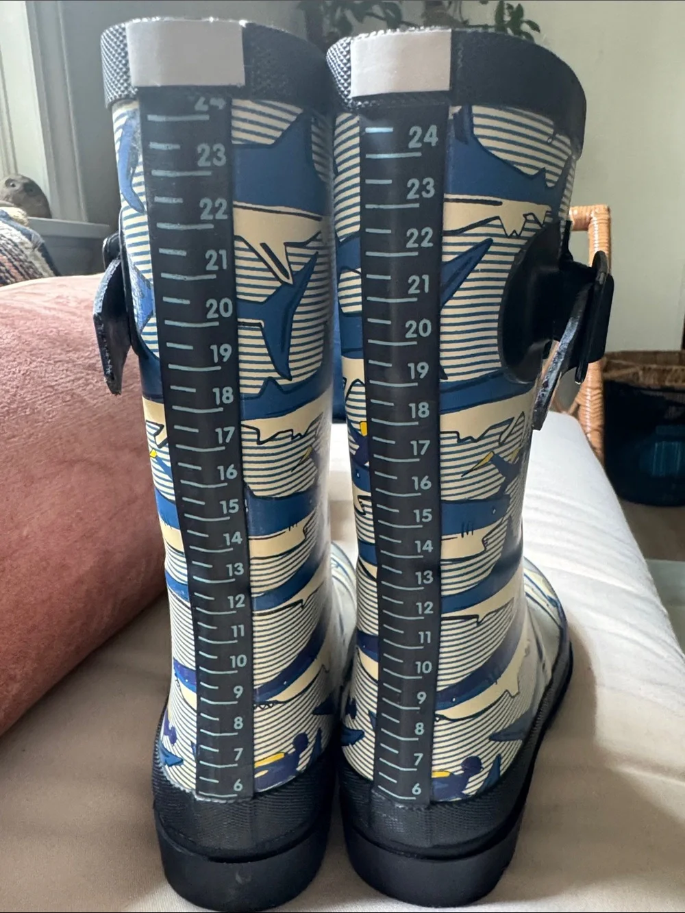 Joules Kids Blue and Cream Shark Print Rain Boots